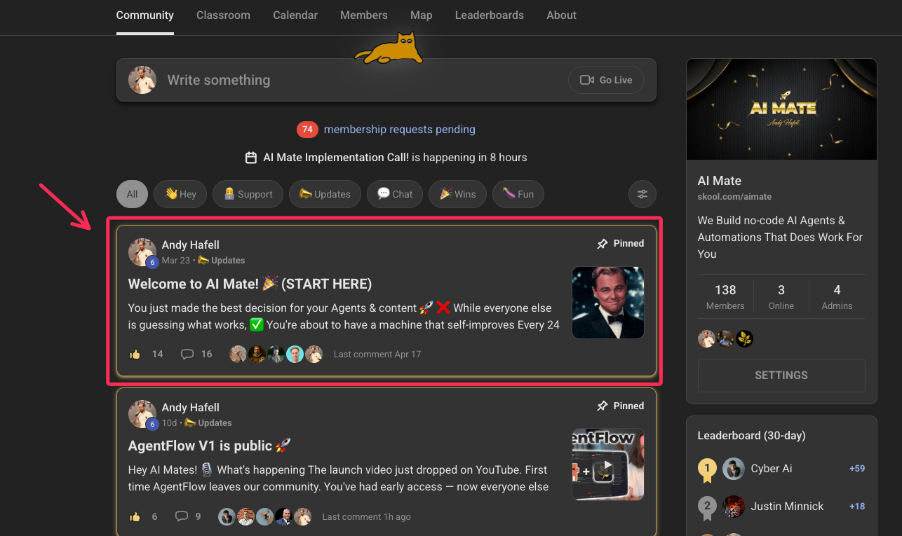 Pinned AI Mate post showing how to activate CreatorGrowth